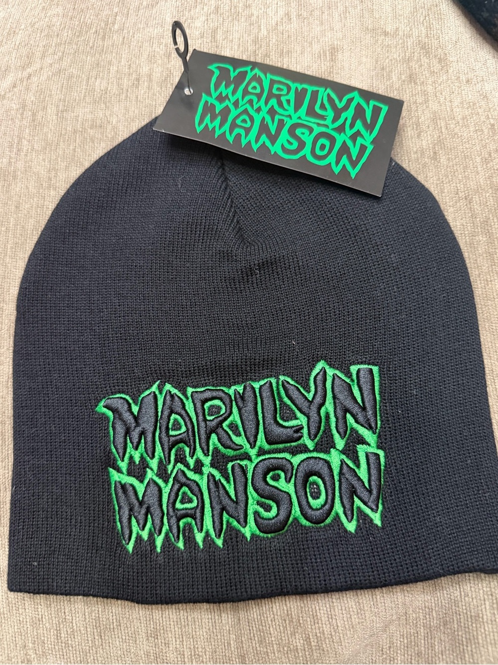 NWT Marilyn Manson Black Beanie with Green Embroidered Logo